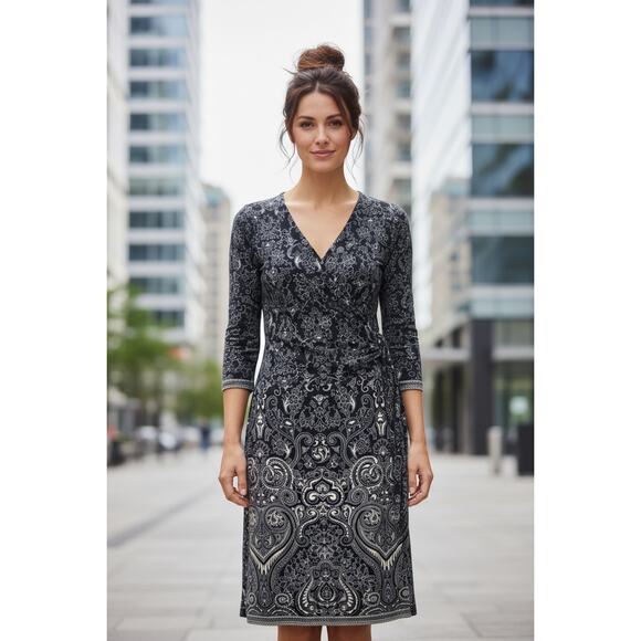 Ann Taylor Black White Tan Faux Wrap Midi Dress – Size 8 Professional Office - Picture 1 of 13